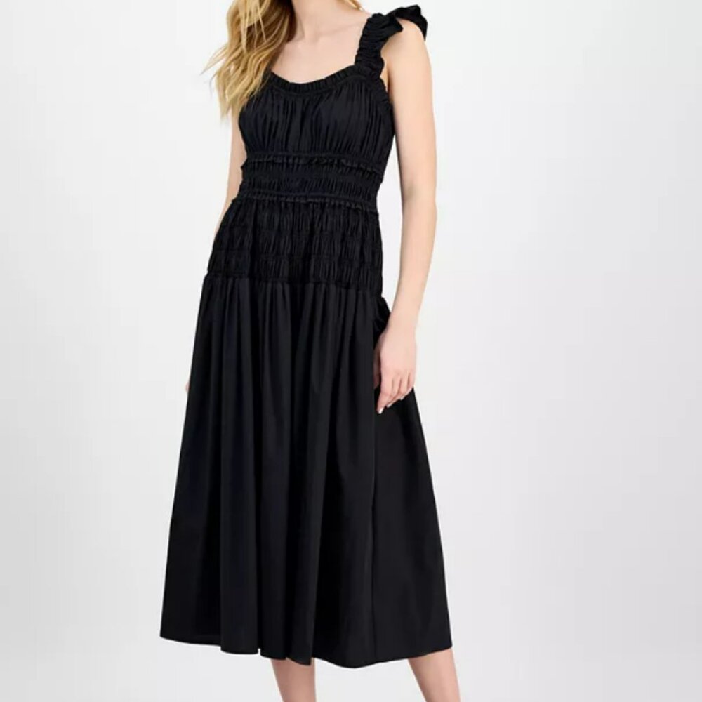 Anne Klein Square Neck Sleeveless Smocked Cotton Poplin Maxi Dress